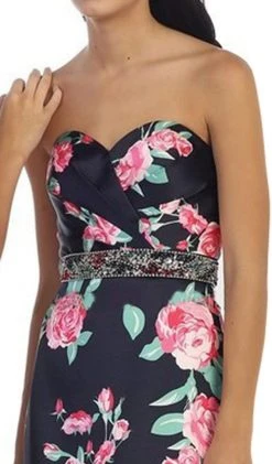 May Queen - MQ1403 Strapless Floral Print Evening Gown