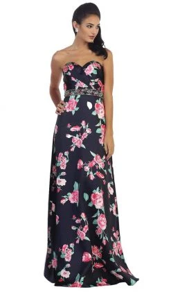 May Queen - MQ1403 Strapless Floral Print Evening Gown