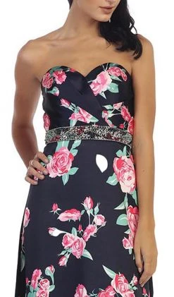 May Queen - MQ1403 Strapless Floral Print Evening Gown