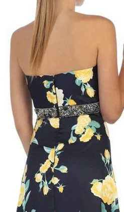 May Queen - MQ1403 Strapless Floral Print Evening Gown