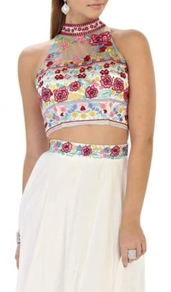 Formal Gowns May Queen - MQ1421 Multi-Floral Embroidered Bodice Two Piece Long Evening Dress