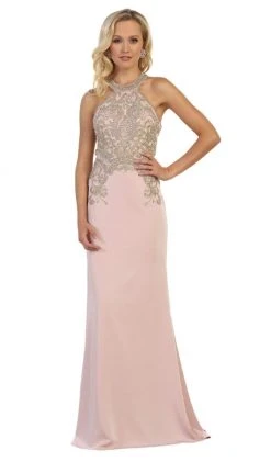 May Queen - MQ1538 Gilded Halter Neck Trumpet Dress Formal Gowns