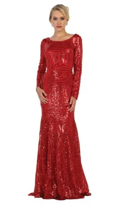 May Queen - MQ1552 Embellished Long Sleeve Trumpet Dress Formal Gowns