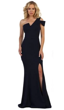 May Queen - MQ1572 Fitted One Shoulder Strap Evening Dress With Slit