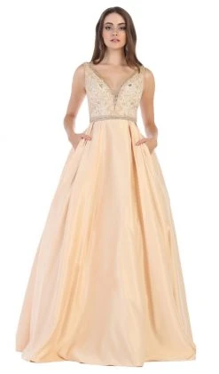 May Queen - MQ1581 Beaded Embroidered Plunging Ballgown Formal Gowns