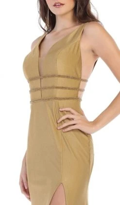 May Queen - MQ1582 Plunging Beaded Tri-Band High Slit Gown Formal Gowns