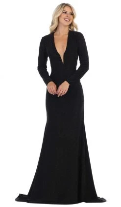 May Queen - MQ1583 Long Sleeve Deep V-neck Trumpet Dress Formal Gowns