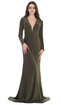 May Queen - MQ1583 Long Sleeve Deep V-neck Trumpet Dress Formal Gowns
