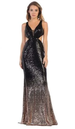Formal Gowns May Queen - MQ1628 Two Tone Sequined Deep V-neck Sheath Dress 12 Formal Gowns May Queen - MQ1628 Two Tone Sequined Deep V-neck Sheath Dress