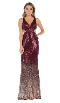 Formal Gowns May Queen - MQ1628 Two Tone Sequined Deep V-neck Sheath Dress