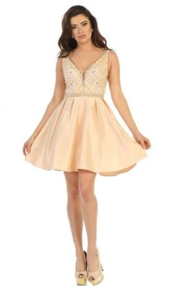 May Queen - MQ1645 Beaded Lace Ornate Illusion Cutouts Cocktail Dress Cocktail Dresses