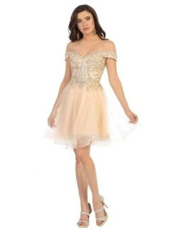 May Queen - MQ1659 Embellished Off-shoulder Cocktail Dress - 1 Pc Champagne In Size 12 Available