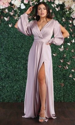 May Queen - MQ1857 Long Bishop Sleeve Ruched Bodice Evening Dress - 1 Pc Mauve In Size 16 Available