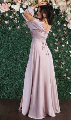 May Queen - MQ1857 Long Bishop Sleeve Ruched Bodice Evening Dress - 1 Pc Mauve In Size 16 Available
