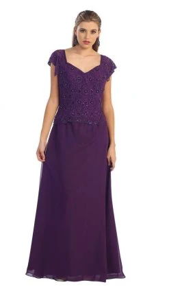 Formal Gowns May Queen - MQ993 Cap Sleeve Beaded Lace Bodice Long Evening Dress