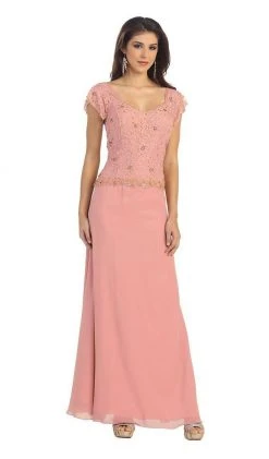 Formal Gowns May Queen - MQ993 Cap Sleeve Beaded Lace Bodice Long Evening Dress
