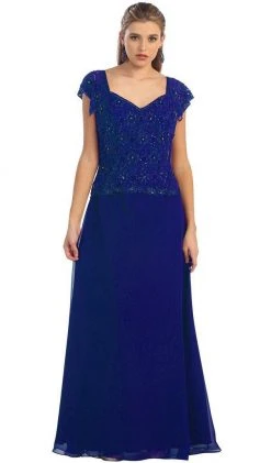 Formal Gowns May Queen - MQ993 Cap Sleeve Beaded Lace Bodice Long Evening Dress