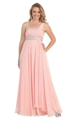May Queen - One Shoulder Strap Bejeweled Chiffon Dress MQ748 Formal Gowns