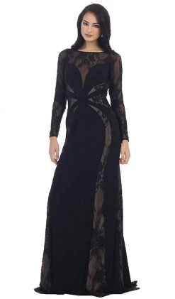 May Queen - Paneled Sheer Lace Sheath Long Evening Gown 16 May Queen - Paneled Sheer Lace Sheath Long Evening Gown