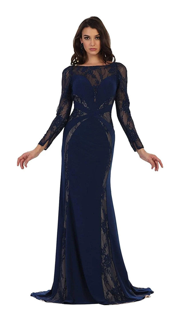 May Queen - Paneled Sheer Lace Sheath Long Evening Gown 7 May Queen - Paneled Sheer Lace Sheath Long Evening Gown