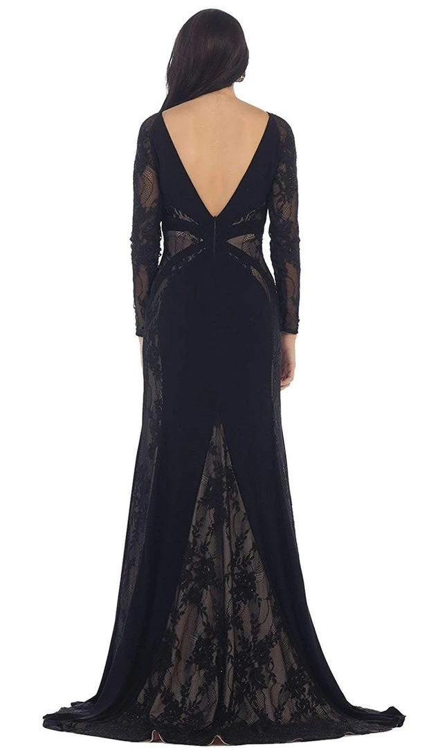 May Queen - Paneled Sheer Lace Sheath Long Evening Gown 10 May Queen - Paneled Sheer Lace Sheath Long Evening Gown