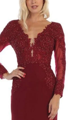 May Queen - Plunging V Neck Long Sleeves Dress MQ1630 - 1 Pc Burgundy In Size 10 Available Formal Gowns 8 May Queen - Plunging V Neck Long Sleeves Dress MQ1630 - 1 Pc Burgundy In Size 10 Available Formal Gowns
