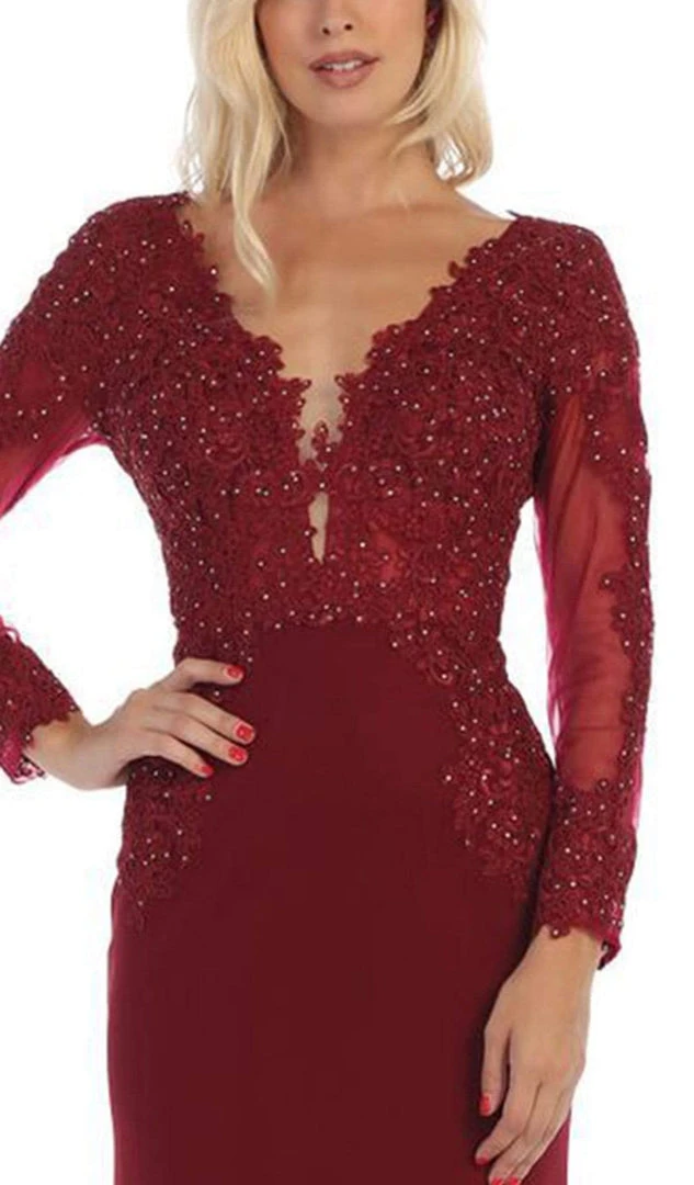 May Queen - Plunging V Neck Long Sleeves Dress MQ1630 - 1 Pc Burgundy In Size 10 Available Formal Gowns 5 May Queen - Plunging V Neck Long Sleeves Dress MQ1630 - 1 Pc Burgundy In Size 10 Available Formal Gowns