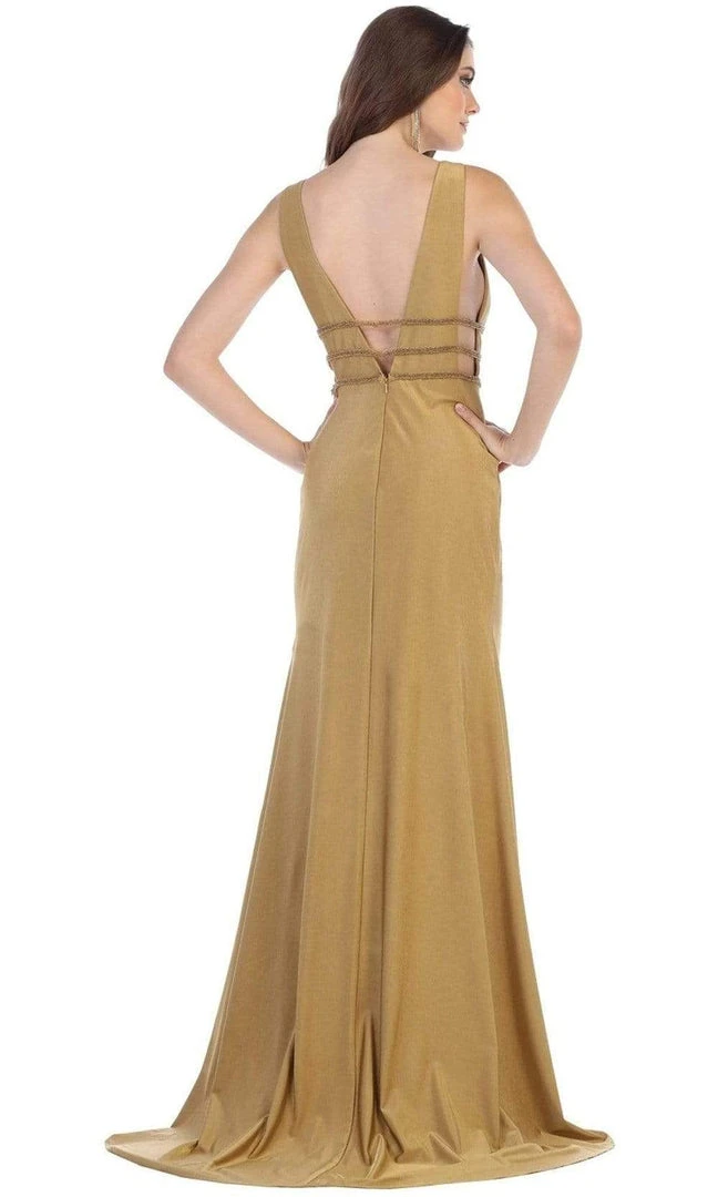 Formal Gowns May Queen - Plunging V-Neck Sleeveless Trumpet Evening Dress MQ1582 - 1 Pc Gold In Size 6 Available 6 Formal Gowns May Queen - Plunging V-Neck Sleeveless Trumpet Evening Dress MQ1582 - 1 Pc Gold In Size 6 Available