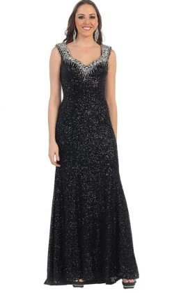Formal Gowns May Queen - RQ-7209 Sequined V-neck Sheath Evening Gown