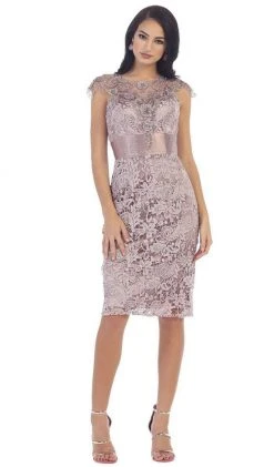 May Queen - RQ-7296 Embroidered Illusion Jewel Sheath Cocktail Dress Cocktail Dresses