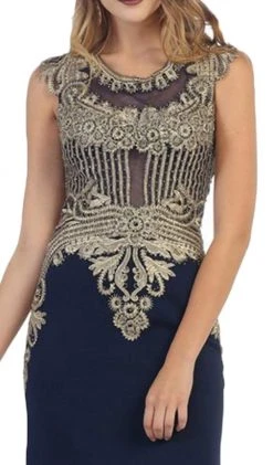 May Queen - RQ-7436 Gilded Sheer Jewel Sheath Evening Dress