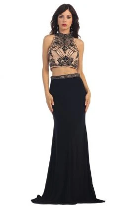 Formal Gowns May Queen - RQ7315 Beaded High Neck Two-Piece Fitted Evening Gown