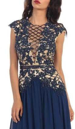 Formal Gowns May Queen - RQ7340 Laced Deep Illusion V-Neck A-Line Evening Dress