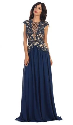 Formal Gowns May Queen - RQ7340 Laced Deep Illusion V-Neck A-Line Evening Dress