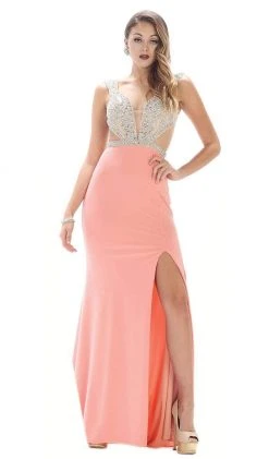 May Queen - RQ7416 Embellished V-Neck Illusion Cutout Sheath Evening Dress Formal Gowns