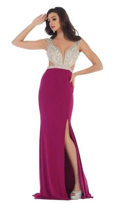 May Queen - RQ7416 Embellished V-Neck Illusion Cutout Sheath Evening Dress Formal Gowns