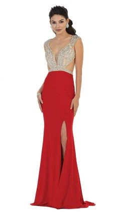 May Queen - RQ7416 Embellished V-Neck Illusion Cutout Sheath Evening Dress Formal Gowns