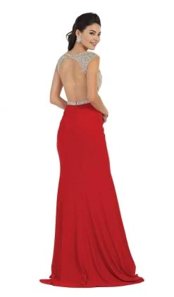 May Queen - RQ7416 Embellished V-Neck Illusion Cutout Sheath Evening Dress Formal Gowns
