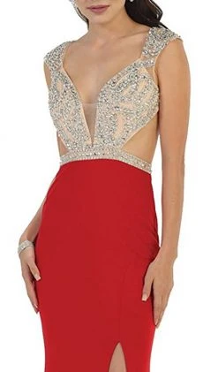 May Queen - RQ7416 Embellished V-Neck Illusion Cutout Sheath Evening Dress Formal Gowns