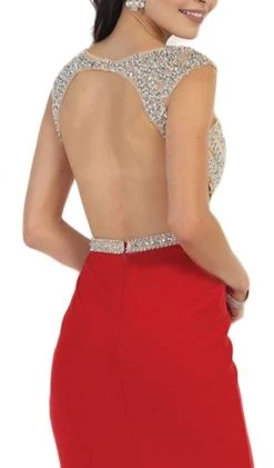 May Queen - RQ7416 Embellished V-Neck Illusion Cutout Sheath Evening Dress Formal Gowns