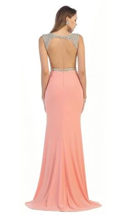 May Queen - RQ7416 Embellished V-Neck Illusion Cutout Sheath Evening Dress Formal Gowns