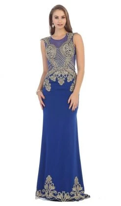 May Queen - RQ7435 Gold Embellished Sheer Jewel Sheath Evening Dress Formal Gowns