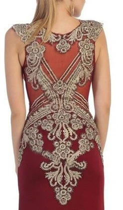 May Queen - RQ7435 Gold Embellished Sheer Jewel Sheath Evening Dress Formal Gowns