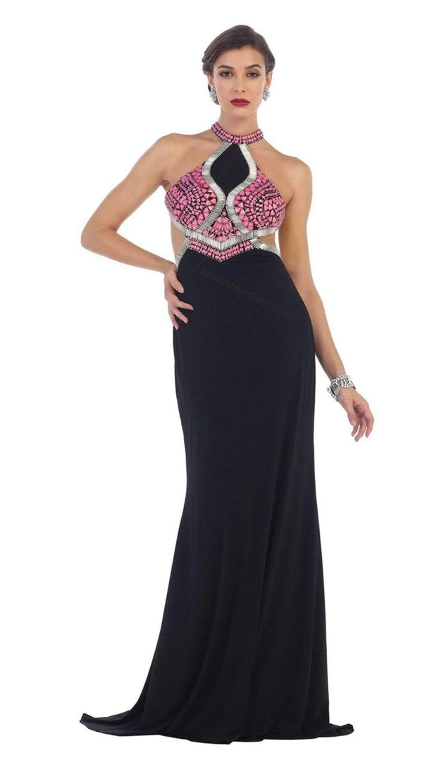Formal Gowns May Queen - RQ7462 Halter Beaded Low Back Evening Dress 3 Formal Gowns May Queen - RQ7462 Halter Beaded Low Back Evening Dress