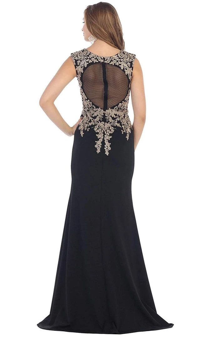Formal Gowns May Queen - RQ7464 Metallic Lace Embroidered V-Neck Sheath Evening Dress 10 Formal Gowns May Queen - RQ7464 Metallic Lace Embroidered V-Neck Sheath Evening Dress