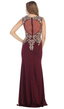 Formal Gowns May Queen - RQ7464 Metallic Lace Embroidered V-Neck Sheath Evening Dress 12 Formal Gowns May Queen - RQ7464 Metallic Lace Embroidered V-Neck Sheath Evening Dress