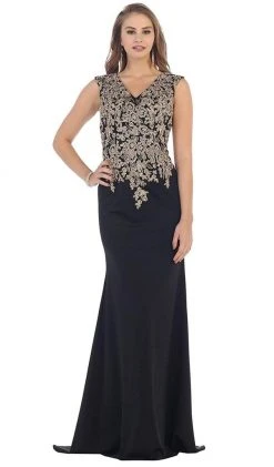Formal Gowns May Queen - RQ7464 Metallic Lace Embroidered V-Neck Sheath Evening Dress 16 Formal Gowns May Queen - RQ7464 Metallic Lace Embroidered V-Neck Sheath Evening Dress
