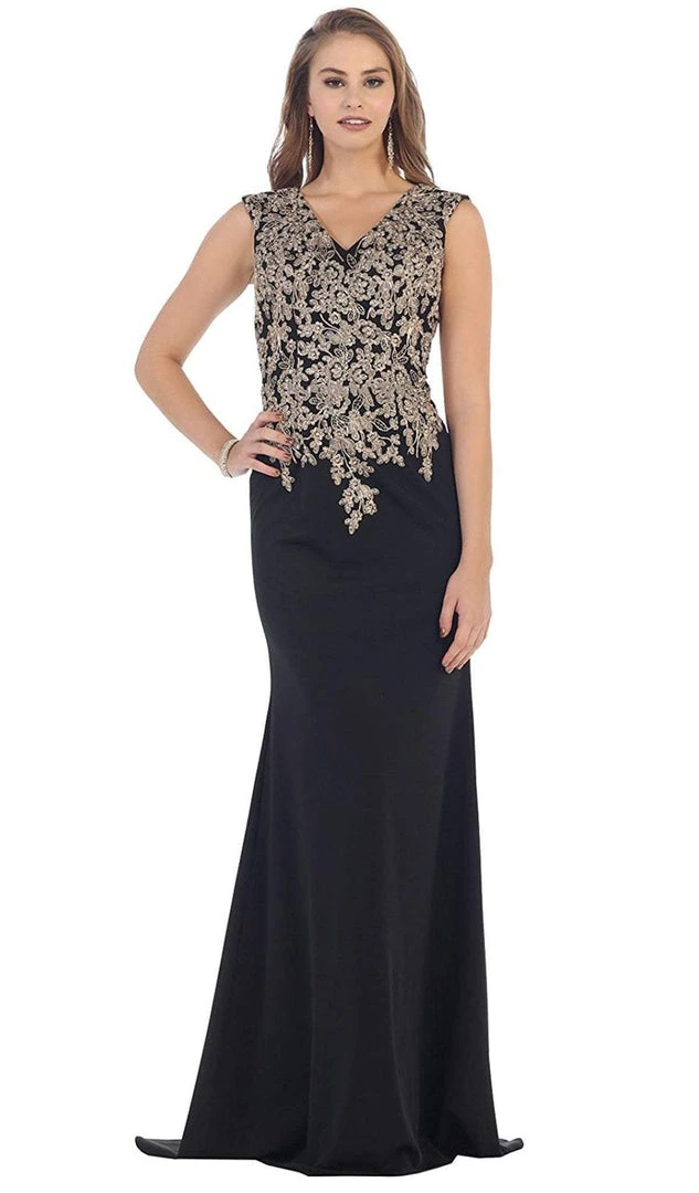 Formal Gowns May Queen - RQ7464 Metallic Lace Embroidered V-Neck Sheath Evening Dress 9 Formal Gowns May Queen - RQ7464 Metallic Lace Embroidered V-Neck Sheath Evening Dress