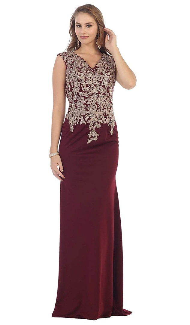 Formal Gowns May Queen - RQ7464 Metallic Lace Embroidered V-Neck Sheath Evening Dress 3 Formal Gowns May Queen - RQ7464 Metallic Lace Embroidered V-Neck Sheath Evening Dress