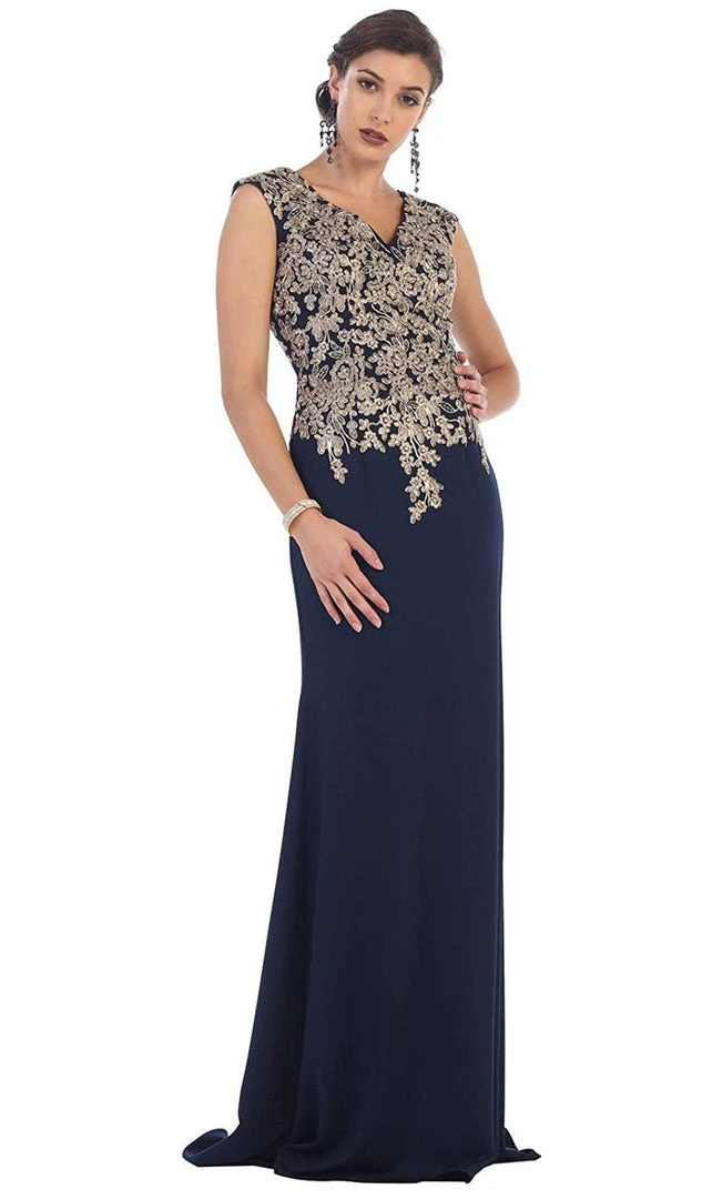 Formal Gowns May Queen - RQ7464 Metallic Lace Embroidered V-Neck Sheath Evening Dress 7 Formal Gowns May Queen - RQ7464 Metallic Lace Embroidered V-Neck Sheath Evening Dress